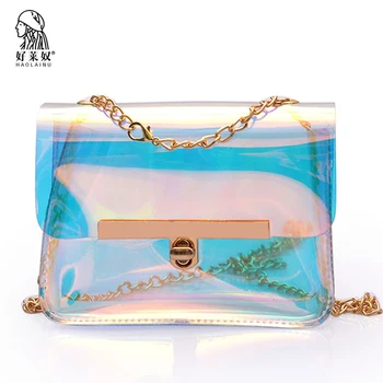 

Haolainu Fashion Transparent Women Messenger Bag Quality PVC Female Chain Shoulder Bag Causal Mini Flap Crossbody Bag For Girls