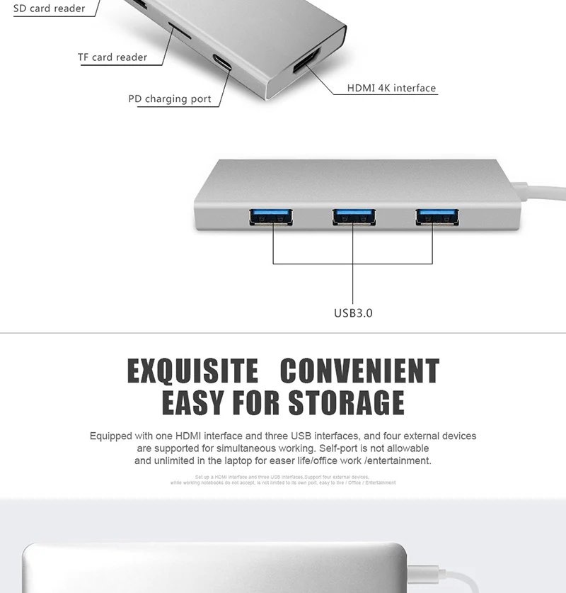 Type-C usb-хаб 3,0 HDMI 7 портов 10 Гбит/с кардридер адаптер USB TF sd-карта портативный для USB-C интерфейс для Apple для microsoft