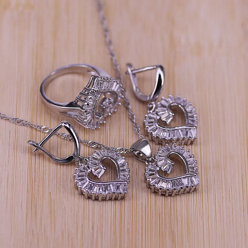 

Trendy 925 Sterling Silver Jewelry Set For Women Heart CZ Stone Charm Pendants Necklaces Earrings Rings LOVE Anniversary Gift