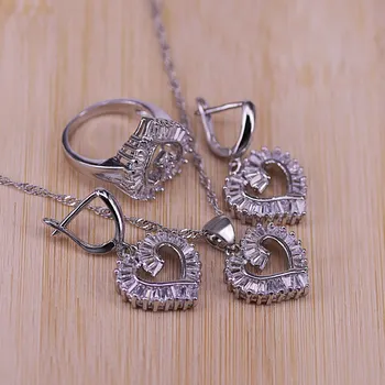 

Trendy Silver Color Jewelry Set For Women Heart CZ Stone Charm Pendants Necklaces Earrings Rings LOVE Anniversary Gift