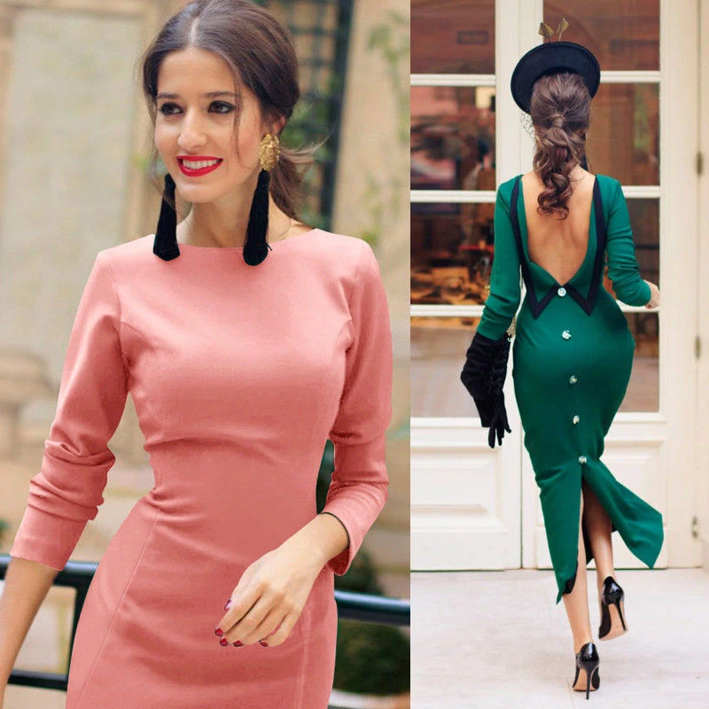 2018 Vintage mujeres espalda cuello pico Bodycon botón Midi vestido otoño elegante fiesta noche lápiz vestidos|Vestidos| AliExpress