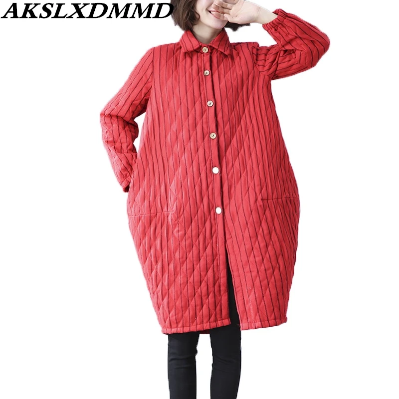 

2019 New Women Autumn Winter Jacket Warm Thicken Large Size Loose Long Cotton Coat Fashion Solid Stripe Parka Outerwear CW132