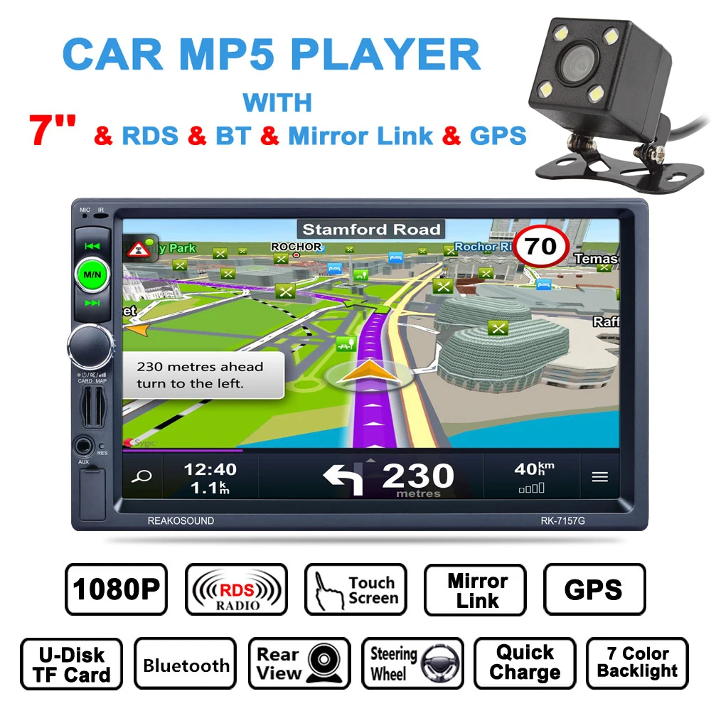 

7 Inch 2 Din Bluetooth Car Multimedia Auto Stereo MP5 Player GPS Navigation AM FM RDS Radio Support Mirror Link Aux In + Camera
