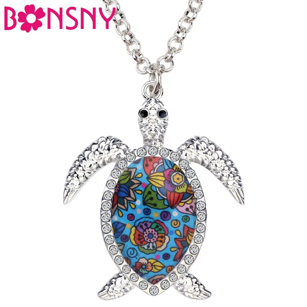 

Bonsny Enamel Alloy Rhinestone Sea Turtle Tortoise Necklace Pendant Collar Fashion Ocean Animal Jewelry For Women Girls Kid Gift
