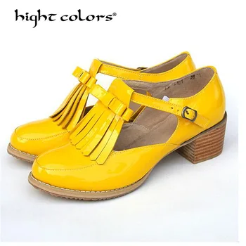 

Yellow Blue Ladies shoes Oxford shoes Patent leather Block Mid Heels Pumps Women Buckle Strap Big size 33~41 female sapatos 107