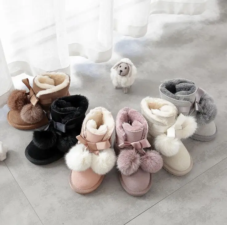 Baratos Botas de nieve para niños con Bola de Pelo de invierno 21 35 EUR botas de nieve de cuero genuino para niños grandes botas de tobillo antideslizantes para niñas