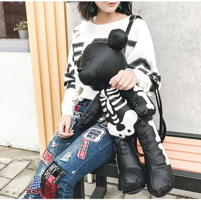  MengEryt Fashion Skeleton Bear Female Backpack Punk Style  School Bags Designer Backpacks for Adolescent Girls (Black)