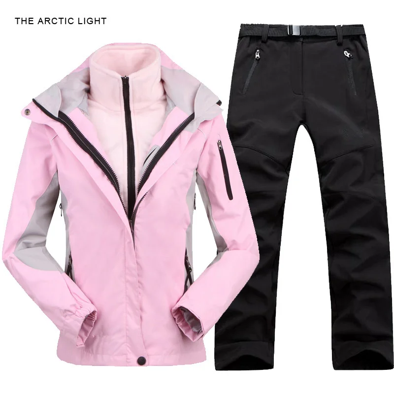 Женский светильник для кемпинга, походов, лыжная куртка, брюки, 1 комплект, для улицы, водонепроницаемый, ветрозащитный, с плотным ворсом, пальто и брюки - Цвет: pink black