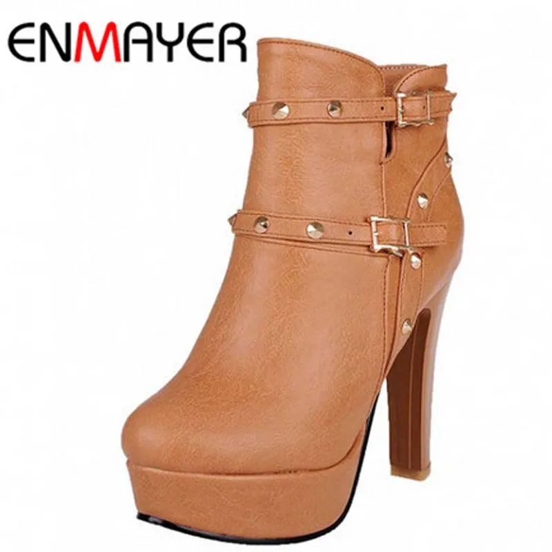 

ENMAYER Women Boots Winter Fashion Soft Leather Ankle Boots High Heels Round Toe Platform Shoes Women Quality Motorcycle Boots