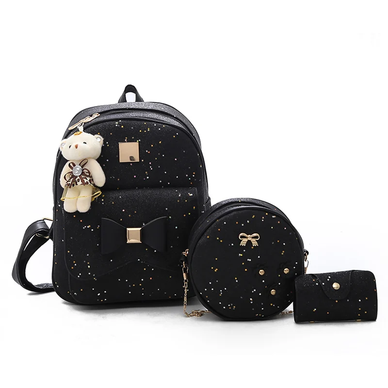 

HANEROU 3 Pcs/Set Women PU Leather Female School Bags For Teenager Girls Bow Cute Backpack Shoulder Card Bag Sequin Back Bags