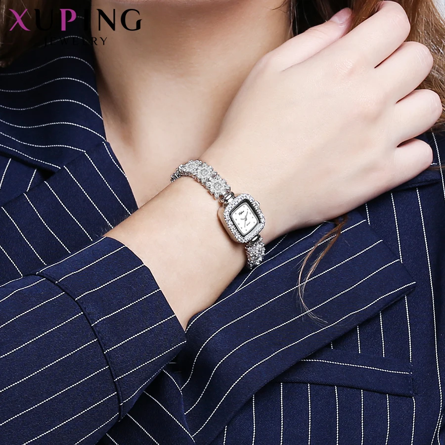 Xuping, белые женские часы с синтетическим кубическим цирконием, квадратная форма, экологическая медь, подарки, Роскошные Кварцевые часы 00003
