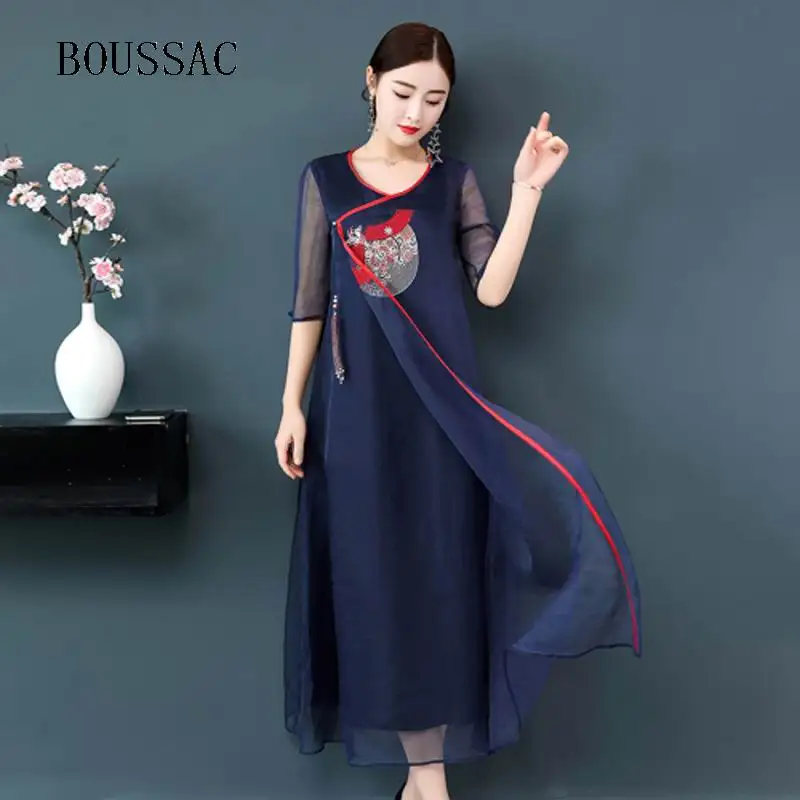 

Plus size silk Chinese retro dress women summer navy blue floral embroidery long robe dresses elegant noble large 3xl 4xl clothe