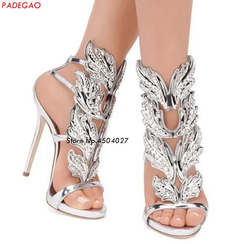 Summer Rhinestone Crystal Leaves Winged Women Sandals High Heels Silver ...