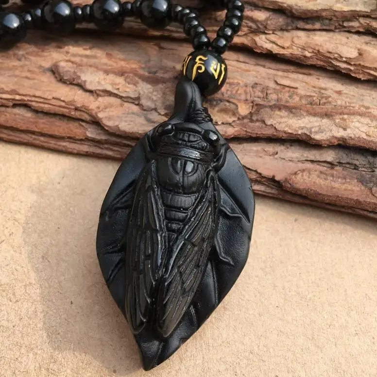 

45x23mm Beautiful Handwork Natural Black Obsidian Carved Cute Leaf Cicada Lucky Amulet Pendant + Beads Necklace Fashion Jewelry