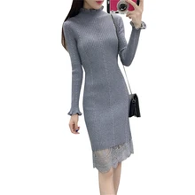 New Women Turtleneck Sweater Dress Autumn Winter Bodyon Lace Patchwork Knitted Dresses Ladies Warm Thick Bottoming Vestidos A684
