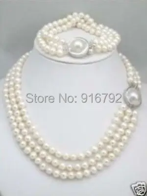 

Wholesale >>>>>striple strands 8 mm South Sea White Pearl Necklace Bracelet set Mabe Clasp