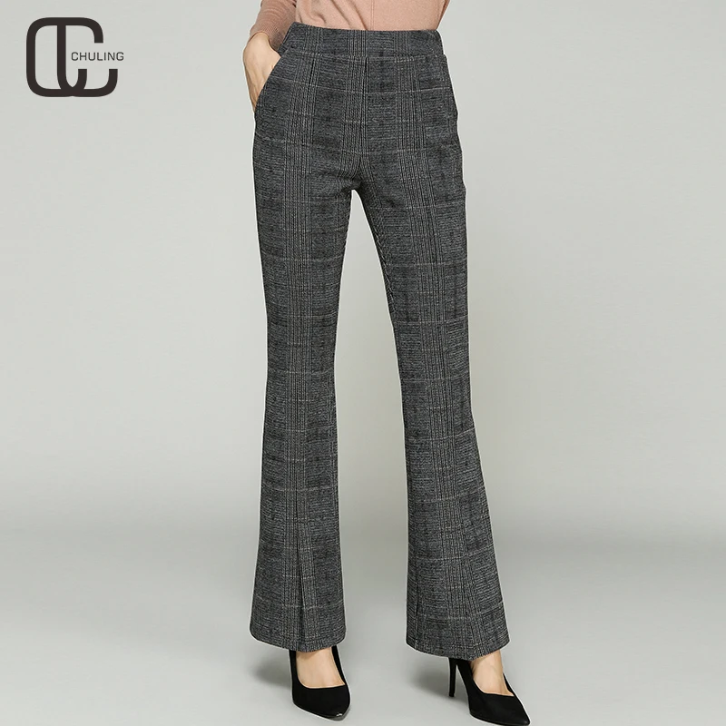 Autumn Winter Women's Elastic Waist Plaid Woolen Flare Pants Female ...