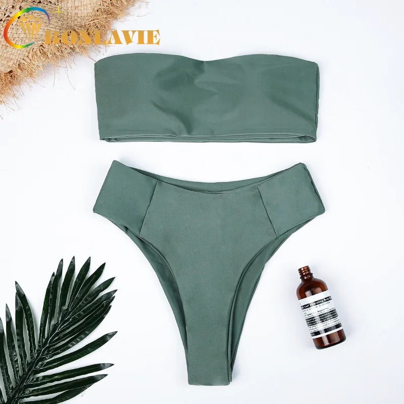

2019 Two Piece Bikinis Set Women High Waist Solid Off Shoulder Swimsuit Push Up Padded Swimwear Bathing Suit Beachwear Biquini