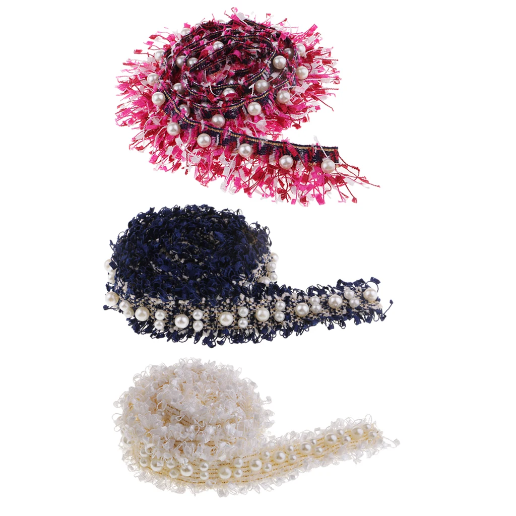 3pcs/1 Yards Handmade Pearl Beaded Embroidery Ribbon Lace Trim Embellishment for Wedding Party Christmas 3/4.5cm