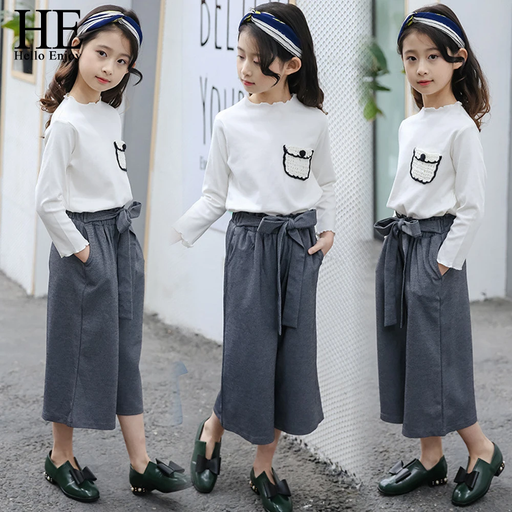 

HE Hello Enjoy Todler Girls 2 Piece Outfit Winter Long Sleeve Knit Blouse+Wide Legged Pants Sets Children Fall Kids Clothing