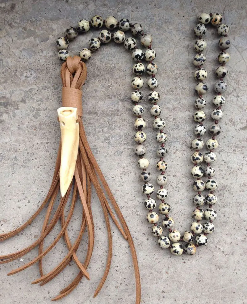 YA2079 Real Wolf Tooth Pendant Leather Tassel Stone Beads Handmade
