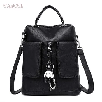

Backpacks School Bags Teenager For Girls Women Leather Fashion Bear Pendant Shoulder Bga Female High Quality Black Ctudent Bag