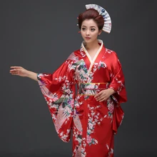 Красное винтажное японское женское кимоно, банное платье, женское искусственное шелковое кимоно-юката с Obi, платье для танцев, одежда для косплея