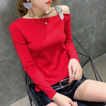 

2019 Spring Sexy Hollow Out Shoulder Long Sleeve Red T-shirts Women Shiny Gemstones Strap T-shirts Lady Sexy Strap Tops