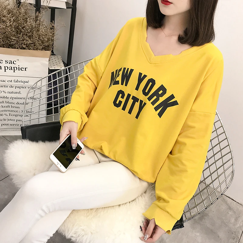 

2018 Woman Loose Casual Large Size Long Sleeve Woman Letter NEW YORK CITY Printing Pullover Female V-Neck Cotton 4 Colors Tops