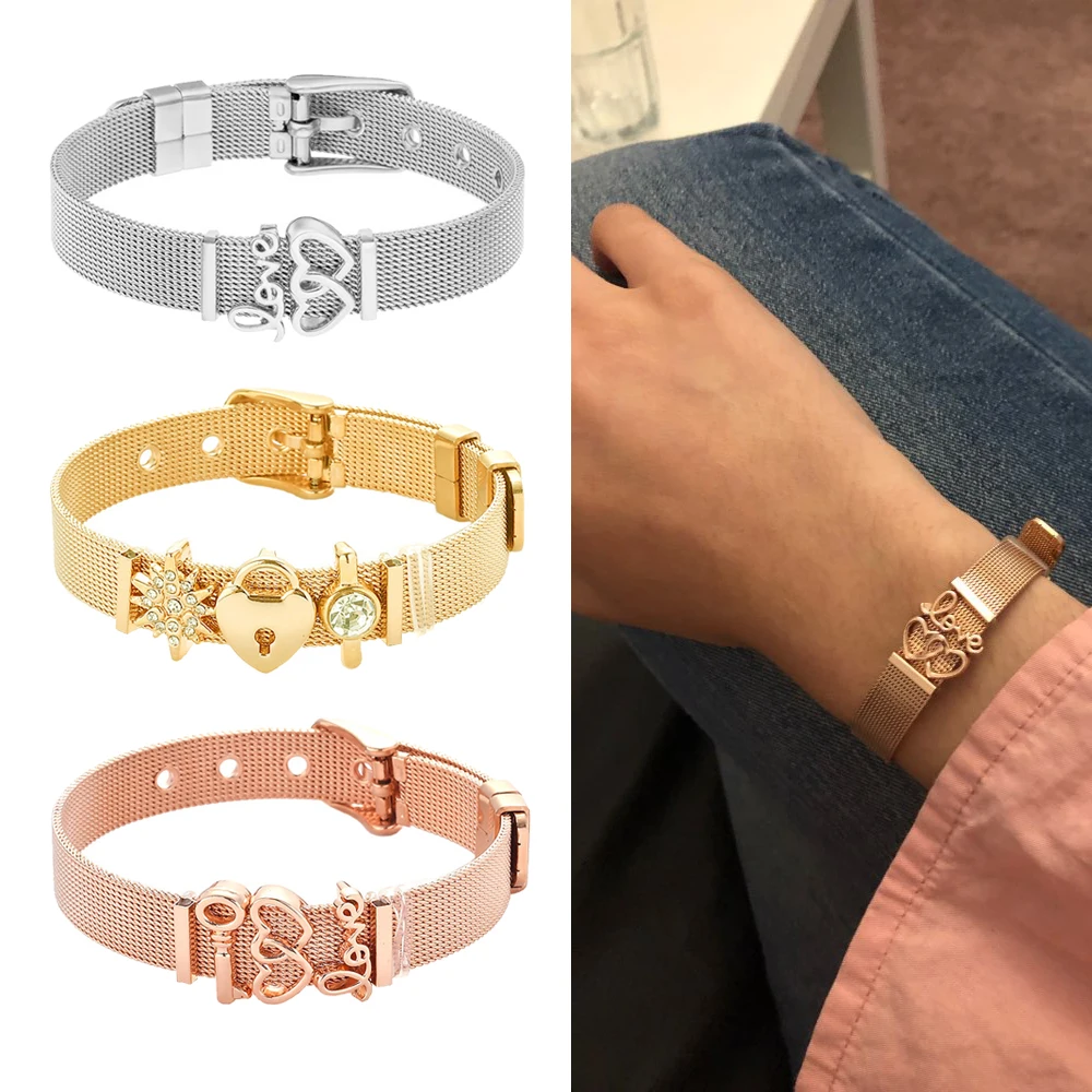 Stainless Steel Keeper Bracelet Adjustable Belt Buckle Mesh Bracelets