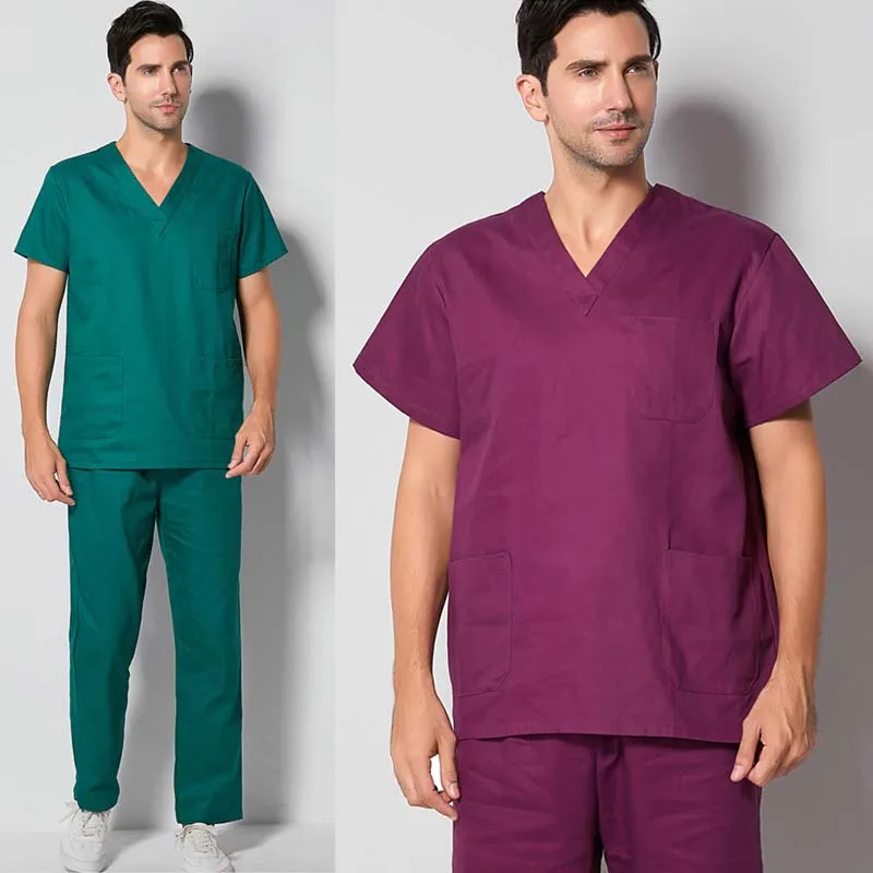 Мужские скрабы набор из чистого хлопка медицинская форма классические v-образные вырезы+ пара брюк с коротким рукавом медицинская одежда медсестры