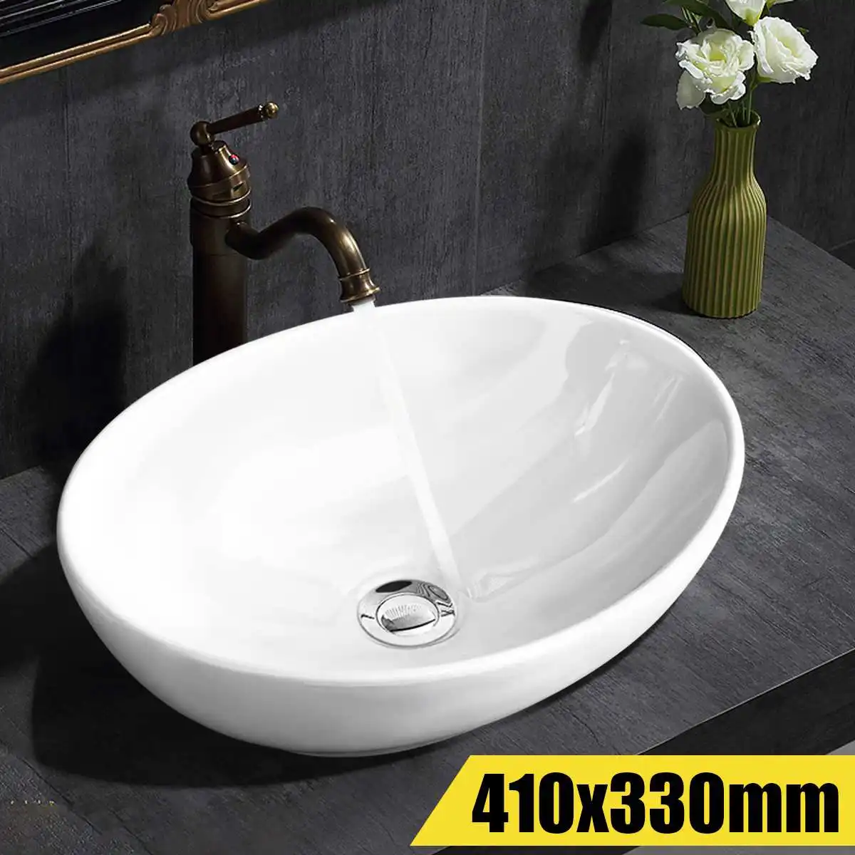 

Xueqin 16 Inch Oval Bowl Ceramic Bathroom Vessel Vanity Sink White Artistic Basin Faucet Modern Style Wash Basin Bathroom Sink