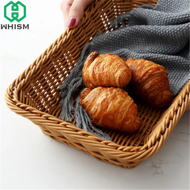 WHISM اليدوية مستطيلة باسكت تخزين من الخيزران البلاستيك الخوص الخبز حامل الفاكهة الخضار الحاويات وجبة خفيفة الغذاء المنظم