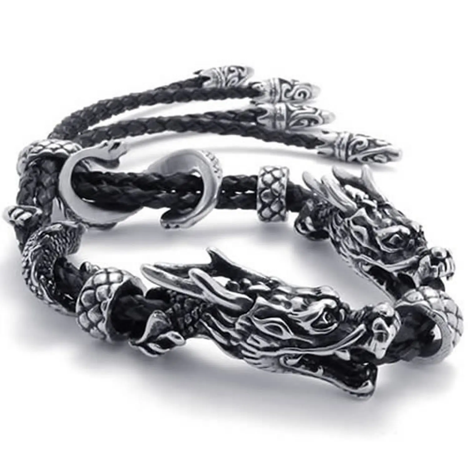 Men s font b Jewelry b font Bracelet Leather Stainless Steel Dragon Biker Black