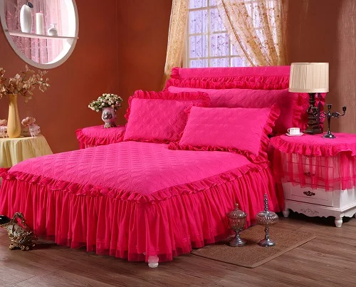 Роскошный бежевый розовый красный корейский стиль Принцесса полиэстер/хлопок кружева кровать юбка комплект постельного белья покрывала простыня наволочка 3 шт - Цвет: 3