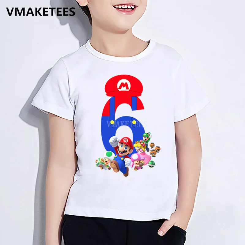 Детская футболка с принтом «Super Mario Bros Number 1-9», подарок на день рождения для мальчиков и девочек, одежда с цифрами, забавная футболка с рисунком для малышей, ooo5267