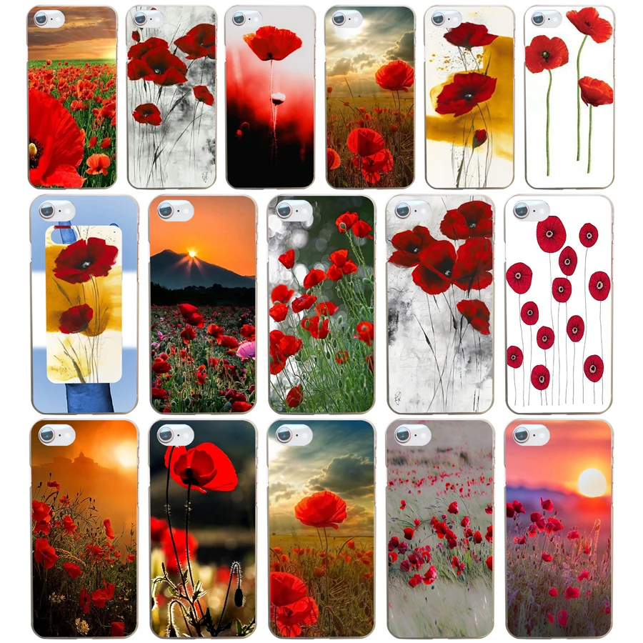 Красный Маки на черном стиле жесткий прозрачный чехол для Iphone 4 4s 5 5s Se 6 6s 8 Plus 7