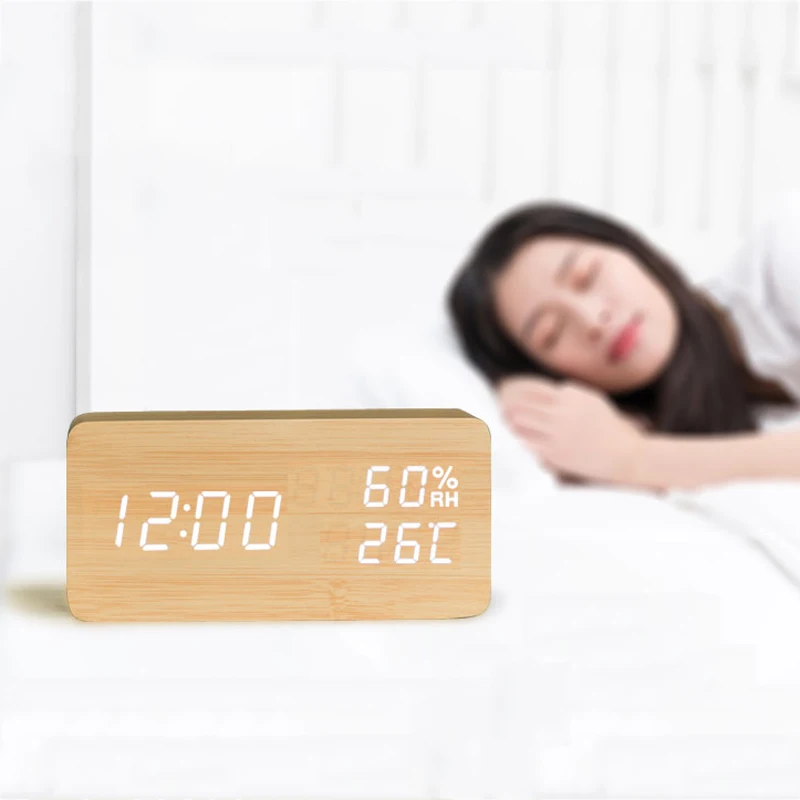 

Sound Control LED Alarm Clocks Wooden Despertador Temperature Display Alarm Clock Electronic Desk Clock Digital Wood Table Clock