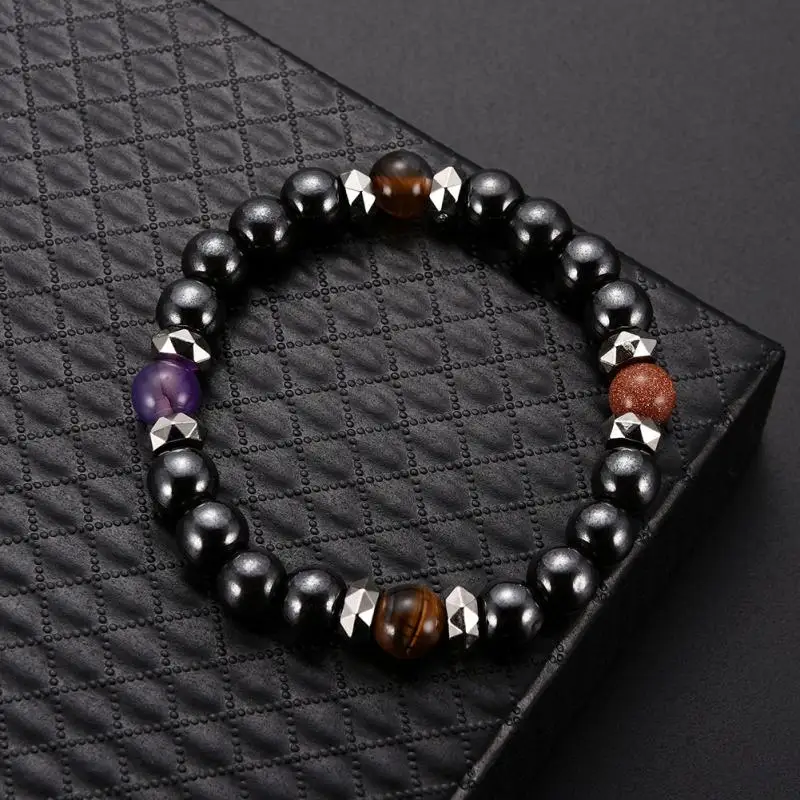 

1Pc Simple Weight Loss Round Black Stone Magnetic Therapy Bracelet Health Care Magnetic Hematite Stretch Bracelet For Men Women