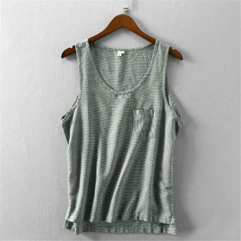 

Strip Linen Tank Top Men Plus Size 4Xl Sleeveless Shirt Casual Fitness Tank Tops Men Summer Camisetas De Tirantes Hombre Ds50738