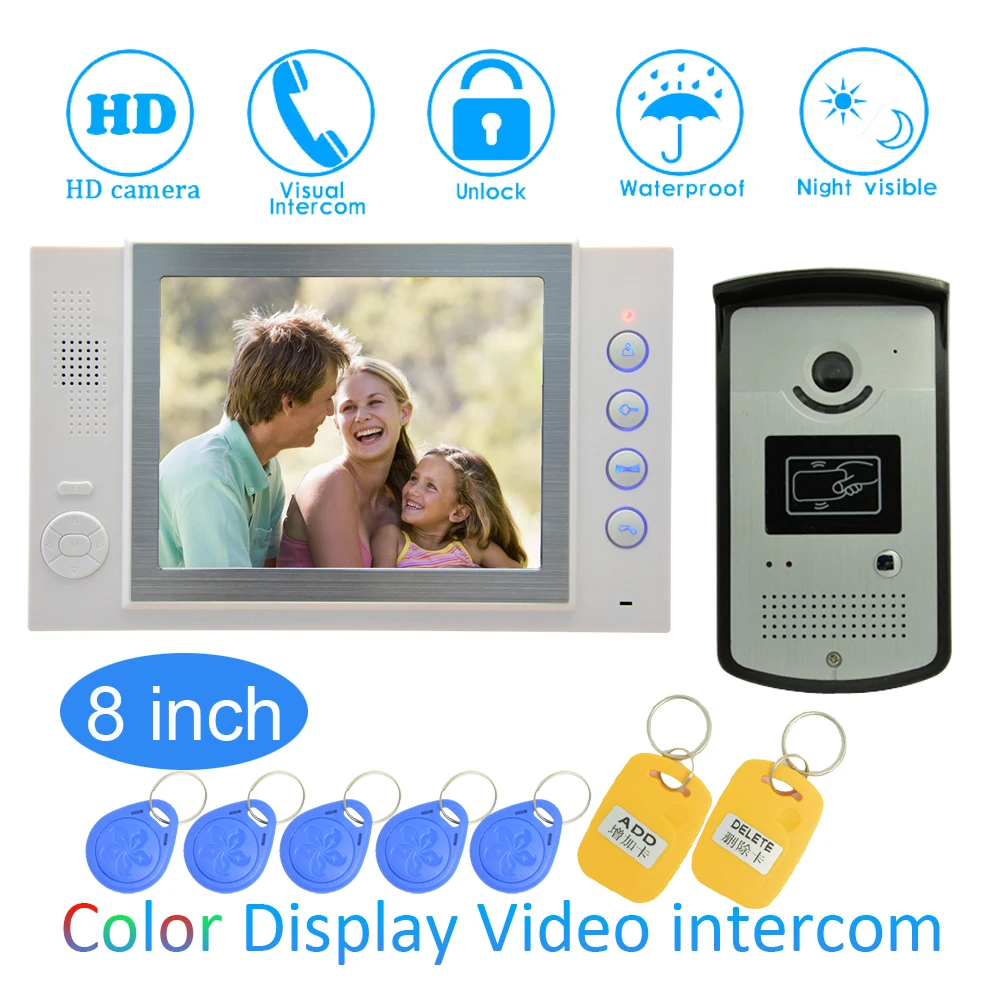 8'' Color LCD Video Door Phone House Garden improvement Device Wire Doorbell Door Release RFID Unlock Night Vision IR Camera