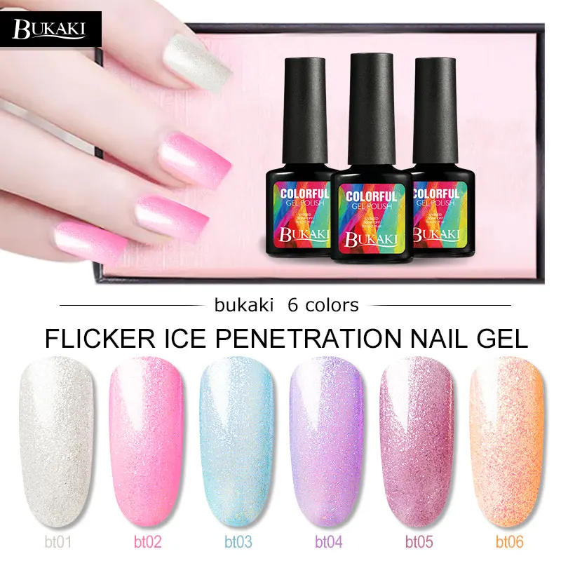 

BUKAKI Summer Nail Glitter Flicker Ice Penetration Gel Varnish Black Gel Primer UV Gel Nail Art Manicure Shimmer Nail Beauty