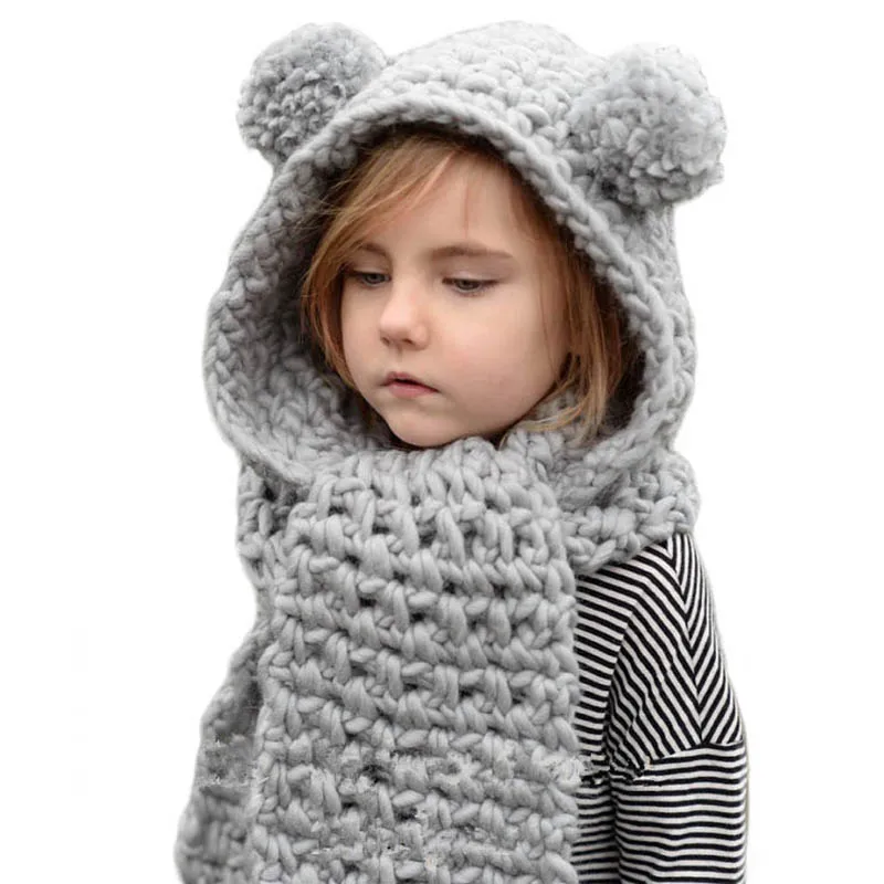 Детский шарф с капюшоном в виде лисы и кошки, Зимний милый теплый детский шарф с капюшоном и капюшоном, вязаная шапка, шарфы с капюшоном - Цвет: gray