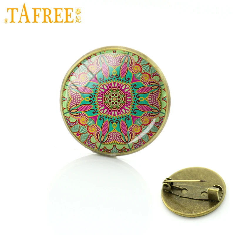 

TAFREE Brand Mandala Flower Brooch Art picture charm glass Sacred Geometry Badge for women good quality Pins 2017 jewelry A351