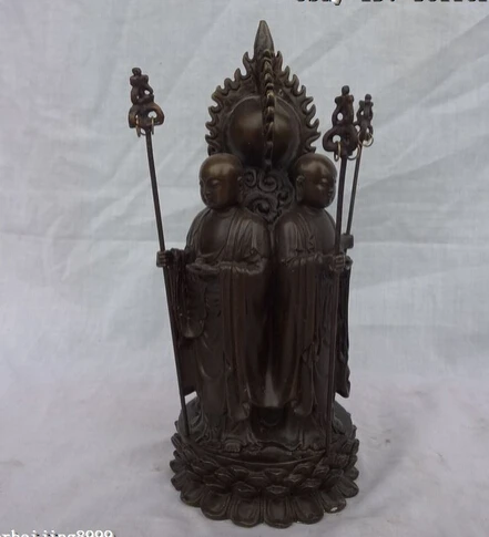 

JP S0606 9" Chinese Pure Bronze Buddhist 4 Face Ksitigarbha TangSeng Monk Cane Statue B0403