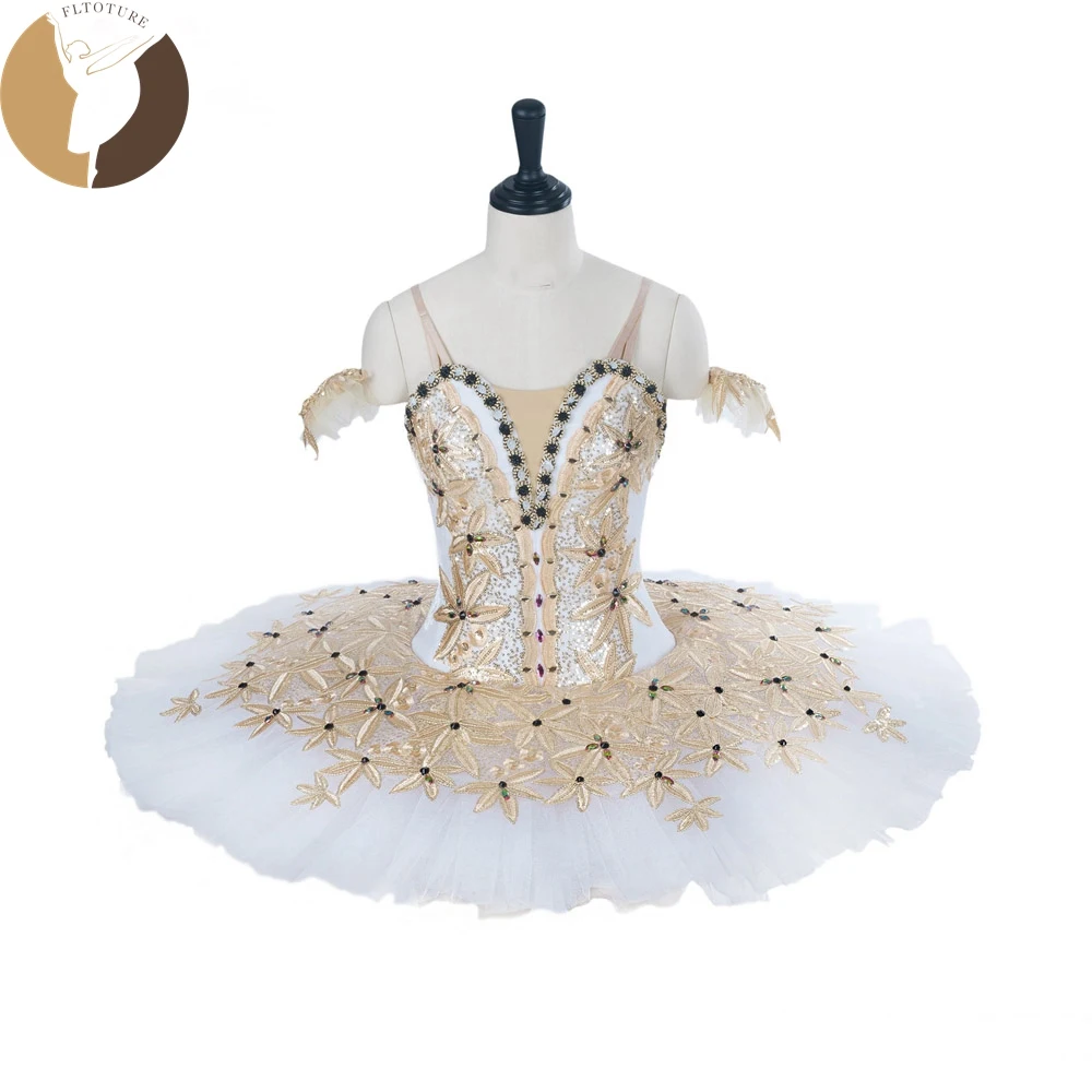 Fltoture At1283 Classical Ballet Tutu Ballet Nutcracker Tutus White Color With Gold Decorations