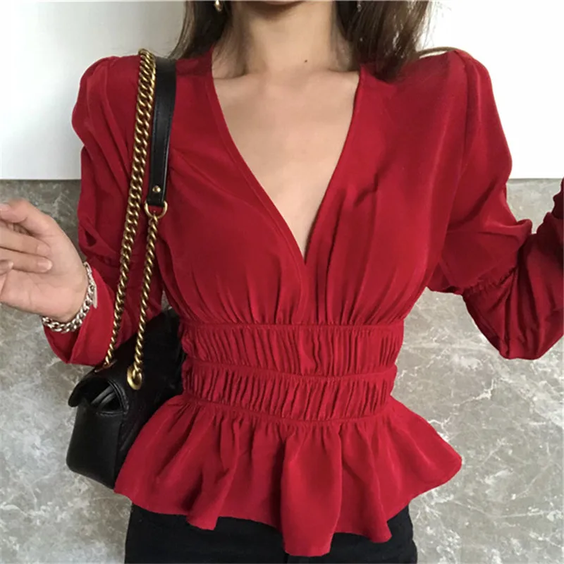 Woherb, новая летняя винтажная блузка, модная, морщинка, v-образный вырез, женские топы, полный рукав, сексуальная Женская Корейская блуза 74700