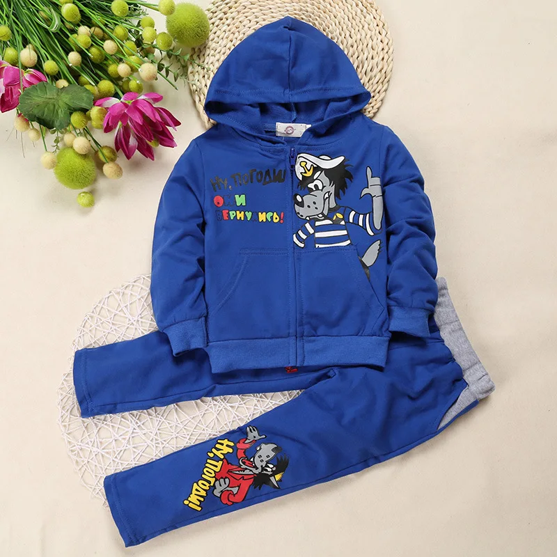 2016 Cool Sets Kids Clothing Sets Boys Girls Sports Suits Wolf Printing Zipper Blue Hoodies +Pants Suits for 90-130cm Children