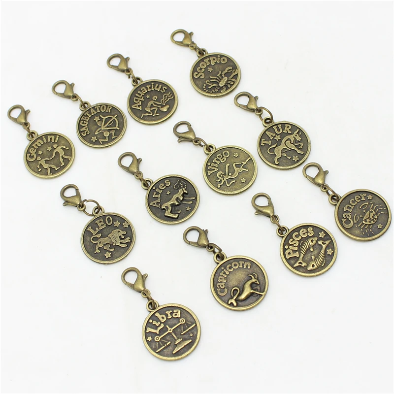 

Sweet Bell 2 sets (24pcs) Assorted Antiqued bronze Zodiac charms twelve Lobster Clasp constellations Metal sign pendant D0984