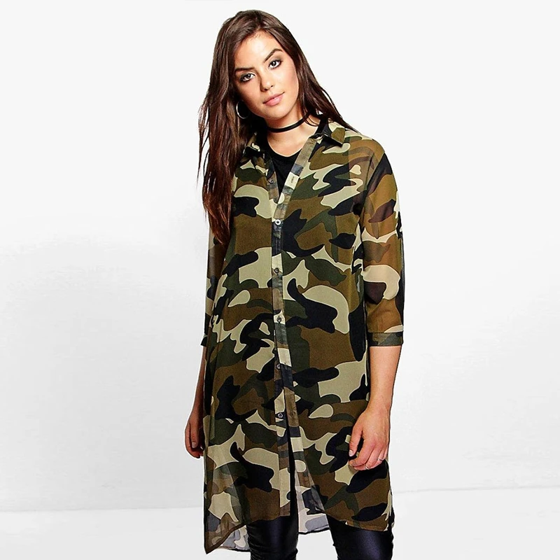 

Punk Style Vintage Retro Turn-Down Collar Camouflage Long Shirts Women Full Sleeve Luxury Plus Size Chiffon Blouse Shirts HJ35